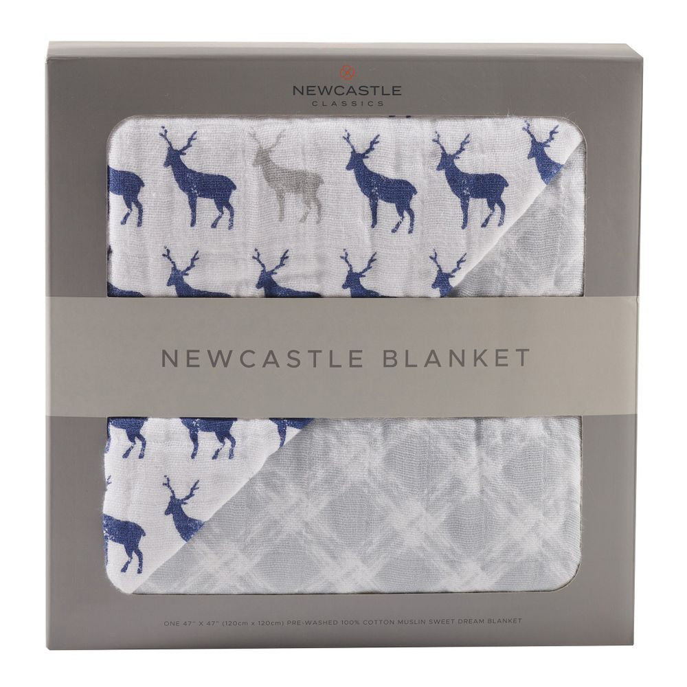 Blue Deer and Glacier Grey Plaid Cotton Muslin Newcastle Blanket