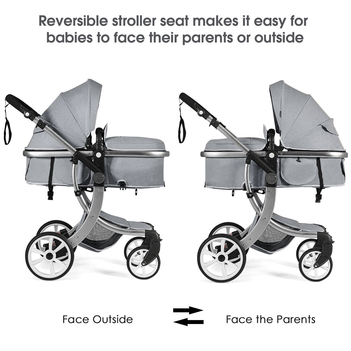 Folding Aluminum Infant Bassinet Reversible Baby Stroller W/ Outdoor Bag Grey